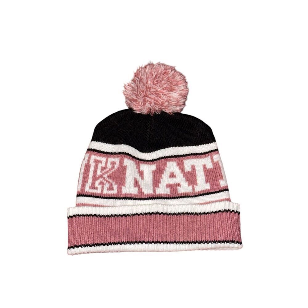 Cute Victoria's Secret PINK NATION Beanie Knit Hat Pink Mauve White Black Pom-Po